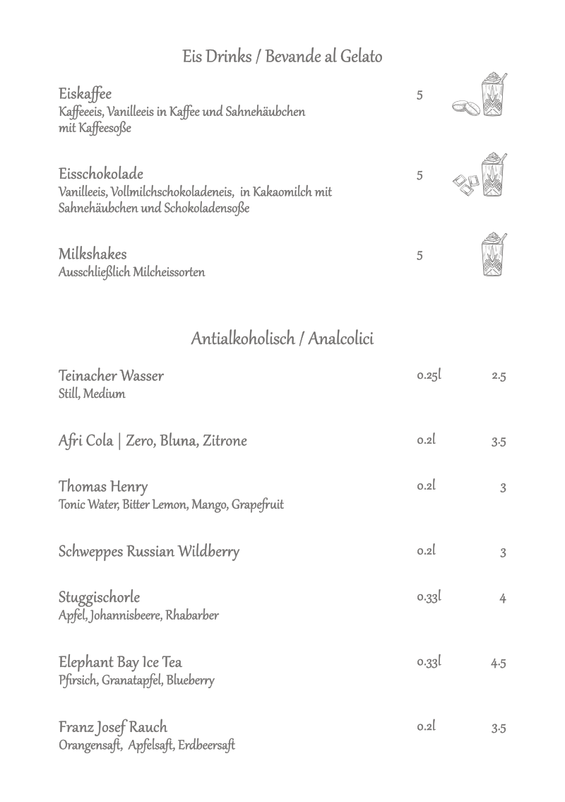 Eisdiele Nürtingen Speisekarte Eiskarte al museo Eisdrinks und Antialkoholisch