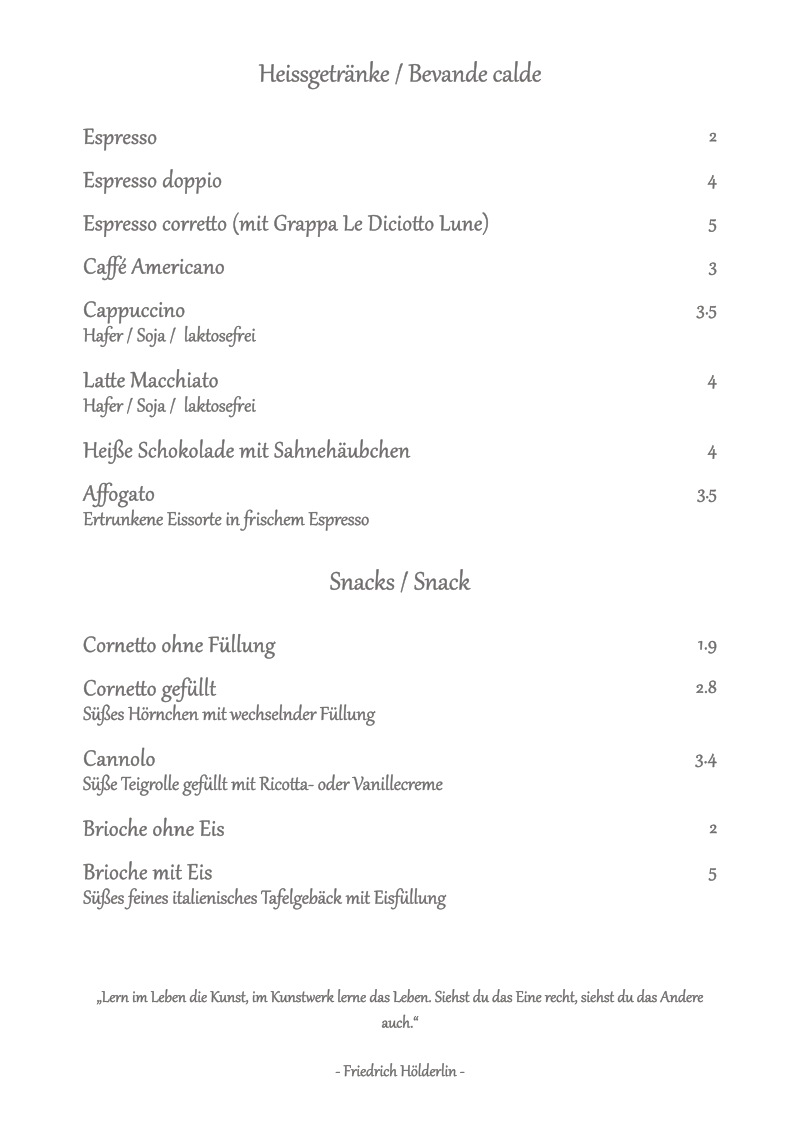 Eisdiele Nürtingen Speisekarte Eiskarte al museo Alkoholisch Aperitiv Weine